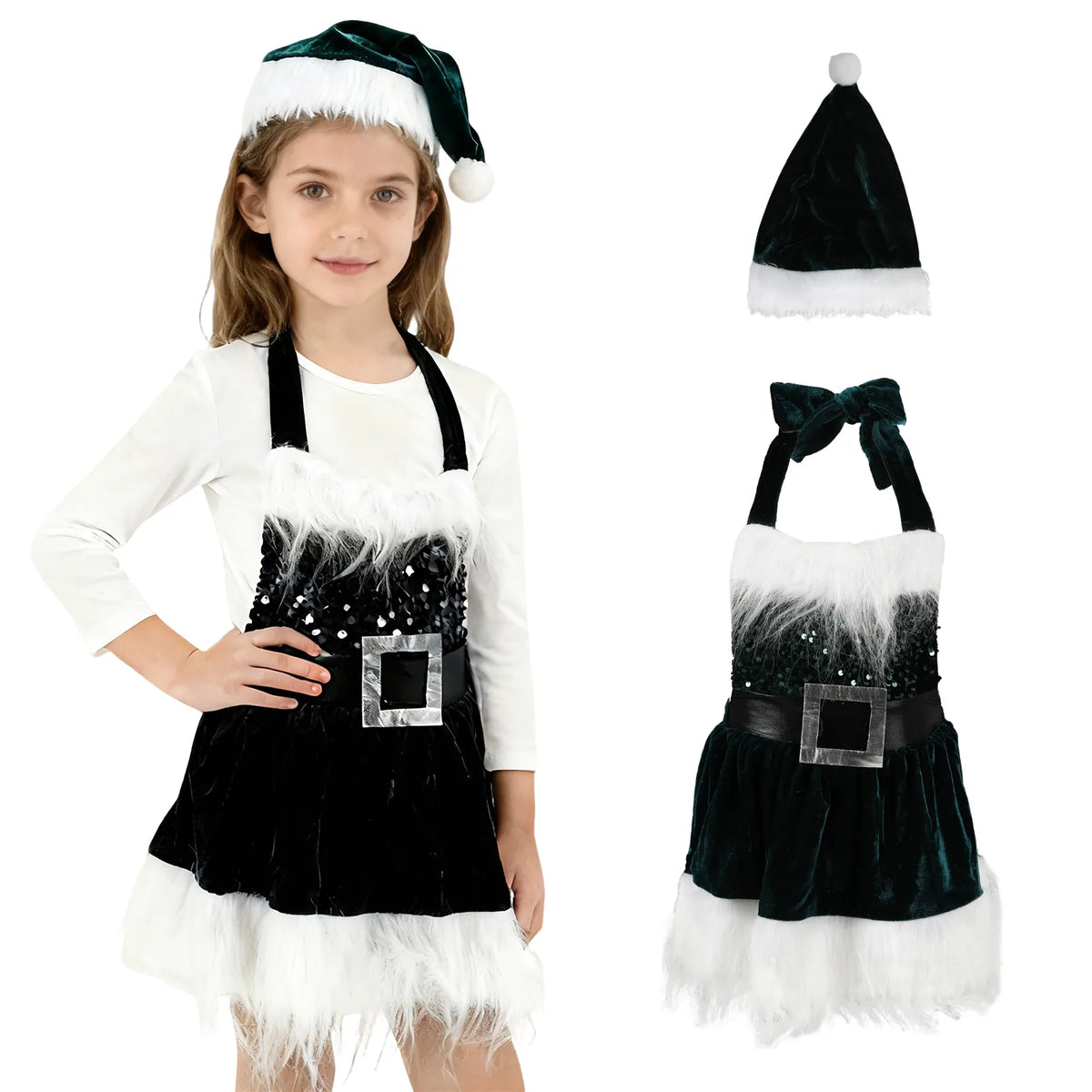 green velvet girls Christmas Santa dress with sequin bodice, black buckle belt, white faux fur hem and matching Santa hat