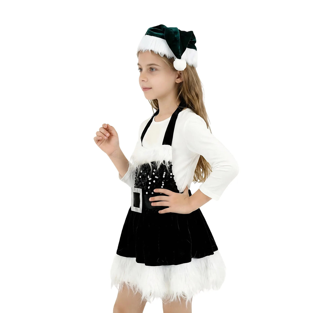 Side view of a girl wearing the green Christmas Santa dress with matching hat over a white top