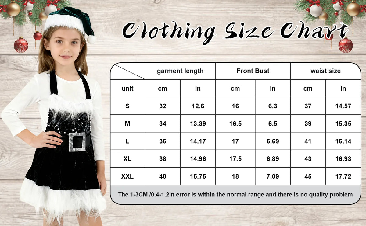 Clothing size chart for the green girls Christmas dress listing garment length, front bust and waist in sizes S to XXL