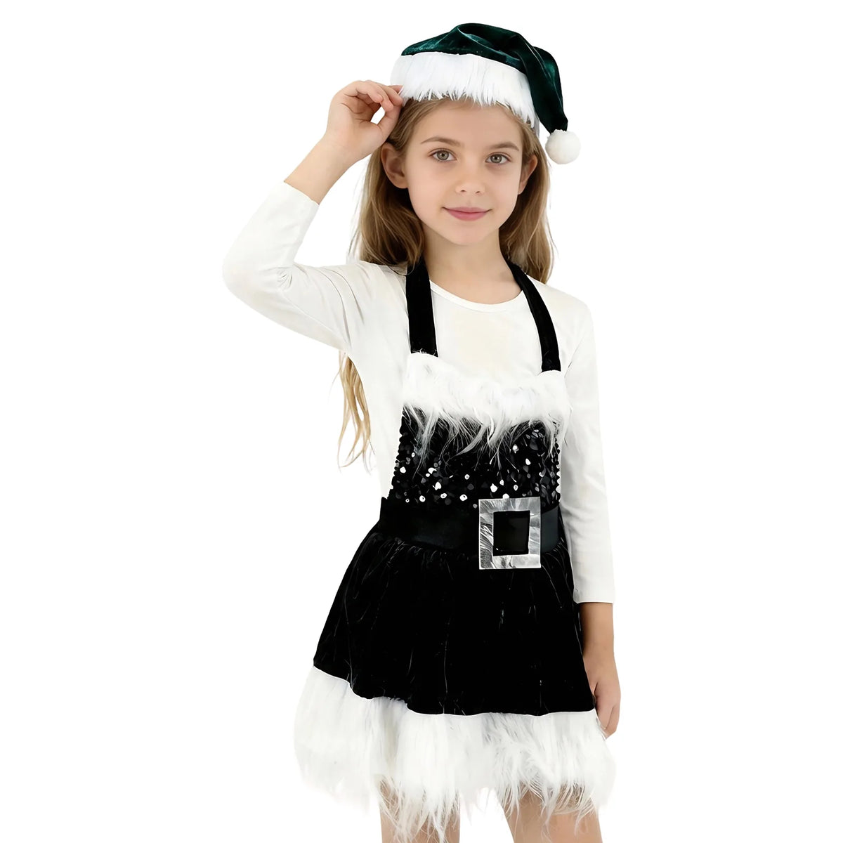 Girl posing in the green Christmas Santa dress, showing the full skirt with white faux fur trim