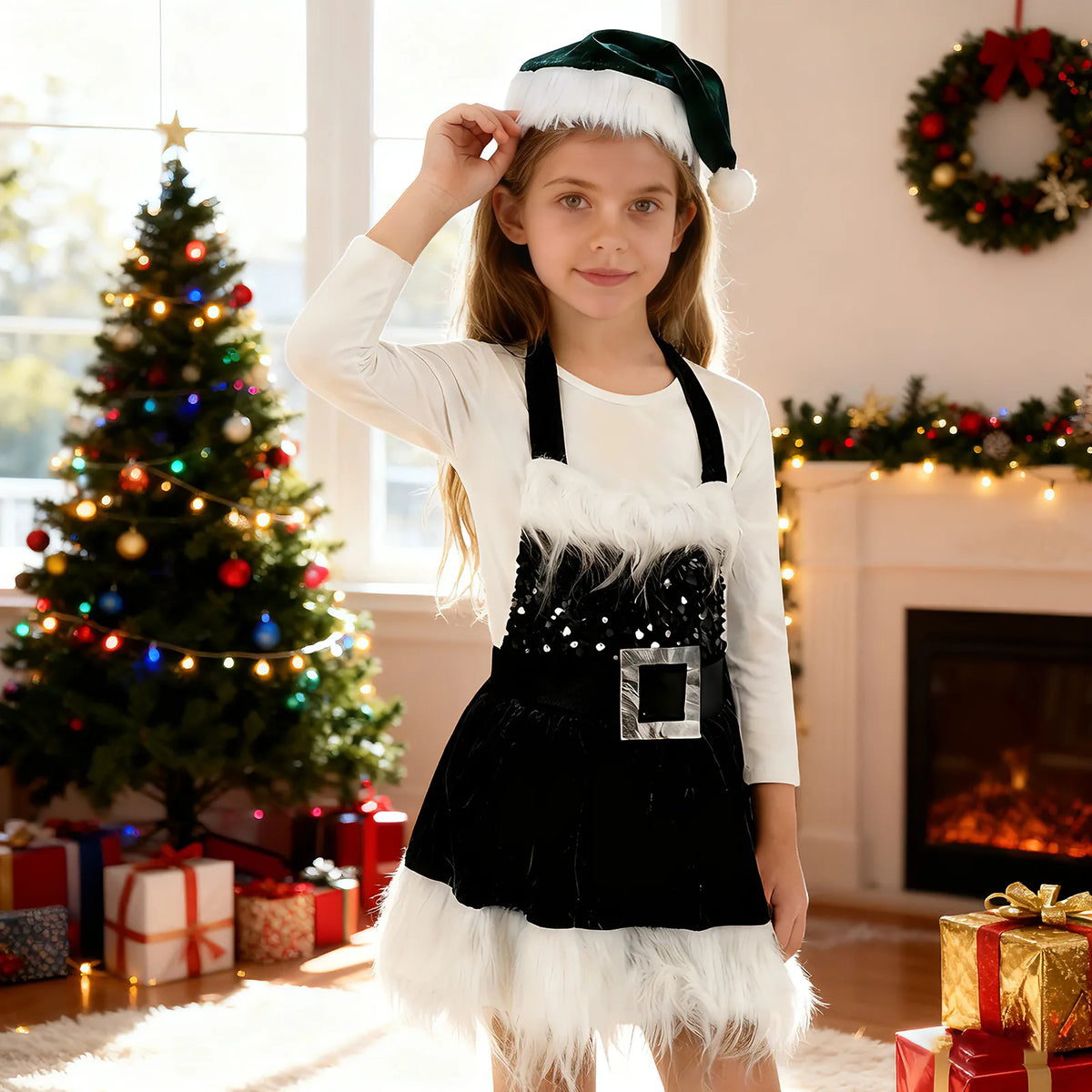 Girl in the green Christmas Santa dress standing beside a decorated Christmas tree and fireplace