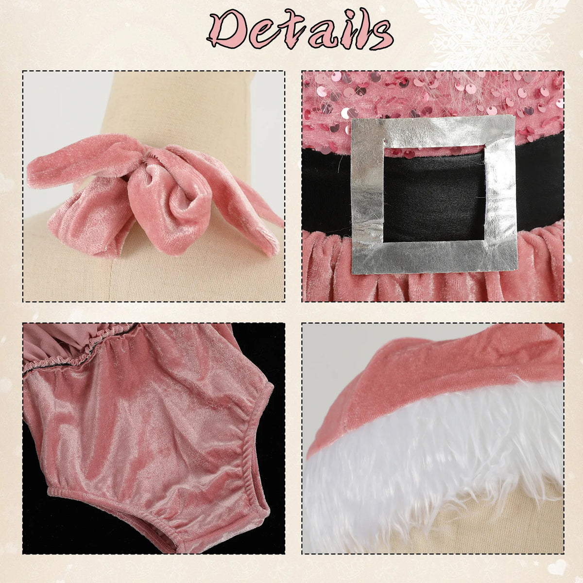 Close-up details of the pink Christmas dress showing faux fur trim, velvet fabric, bow tie and silver buckle belt
