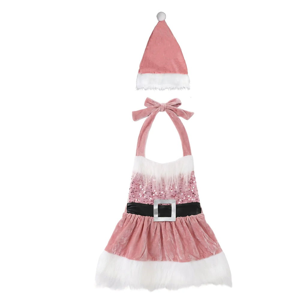 pink girls Christmas Santa dress and matching Santa hat shown together on a plain white background