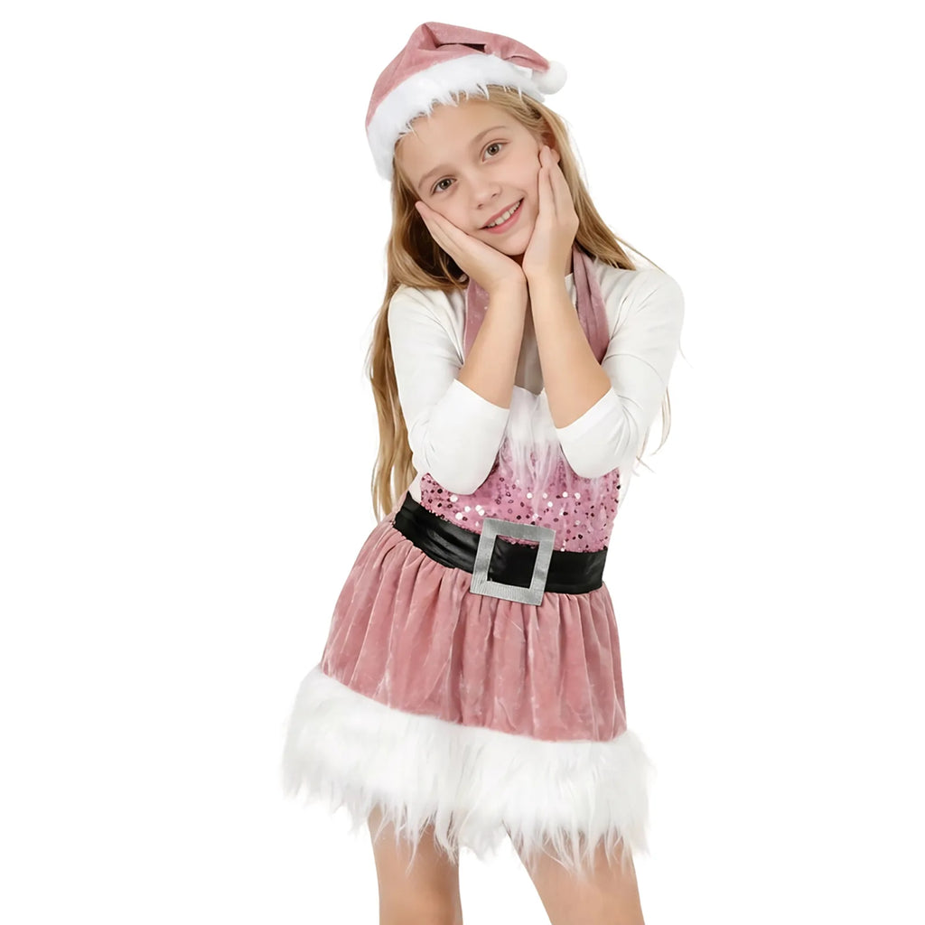 Girl wearing the pink Christmas Santa dress and hat, front view showing halter neck and buckle belt
