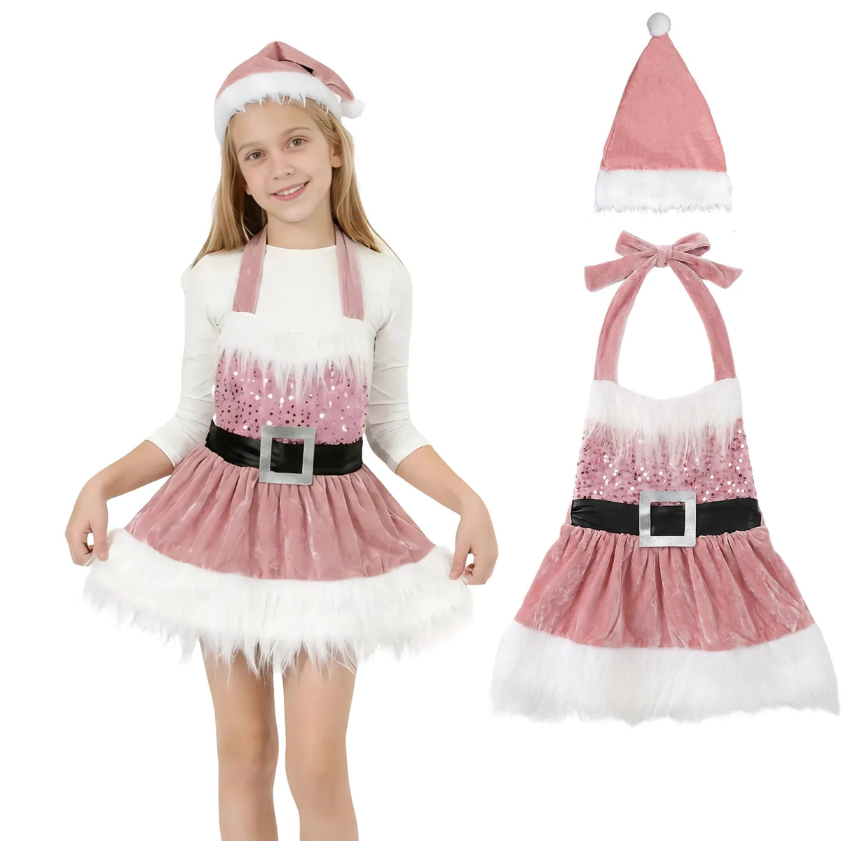pink velvet girls Christmas Santa dress with sequin bodice, black buckle belt, white faux fur hem and matching Santa hat