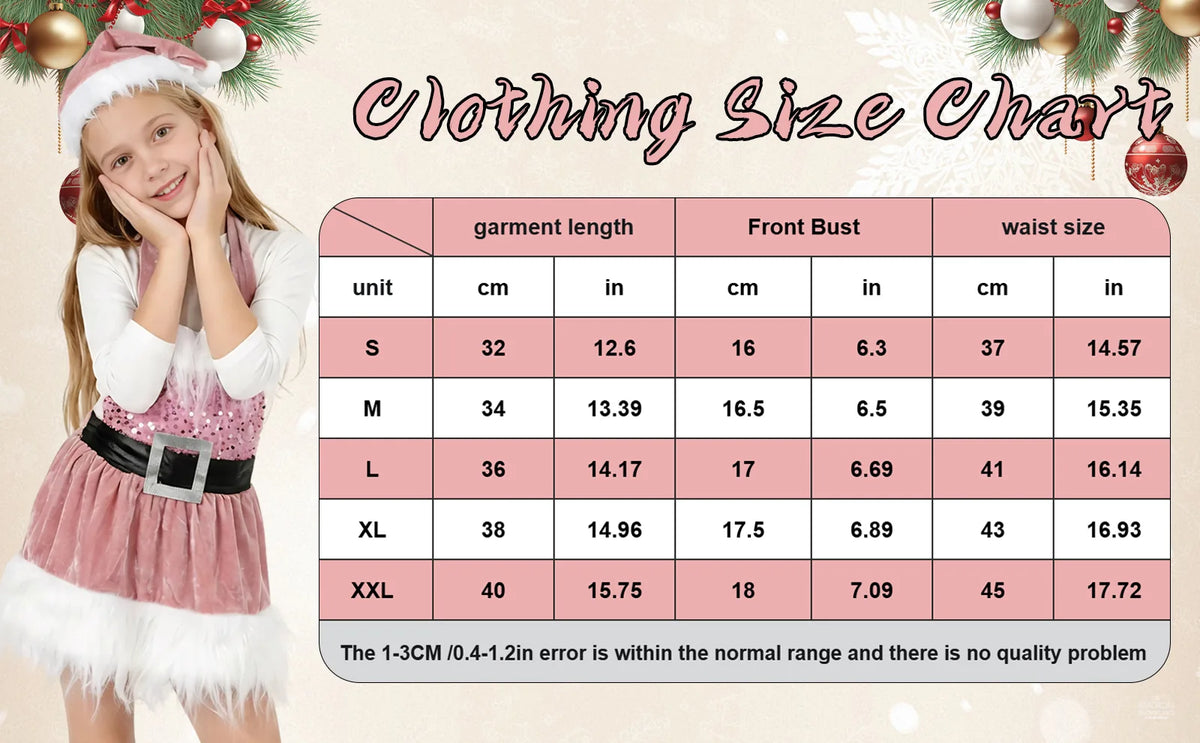 Clothing size chart for the pink girls Christmas dress listing garment length, front bust and waist in sizes S to XXL