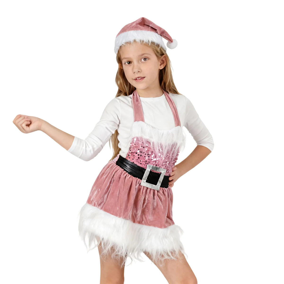 Girl posing in the pink Christmas Santa dress, showing the full skirt with white faux fur trim