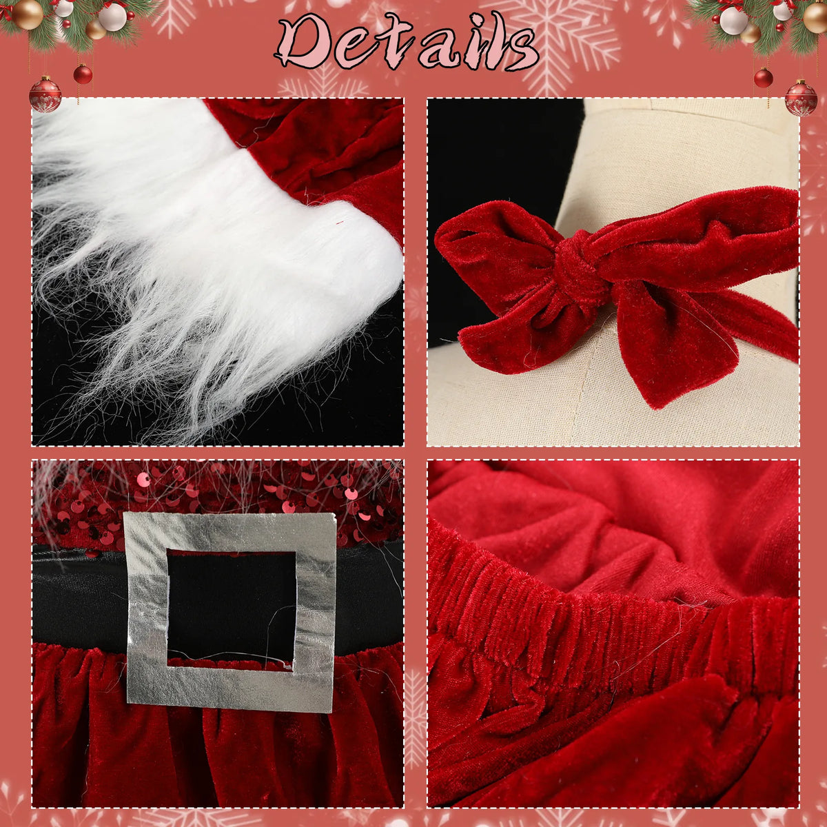 Close-up details of the red Christmas dress showing faux fur trim, velvet fabric, bow tie and silver buckle belt