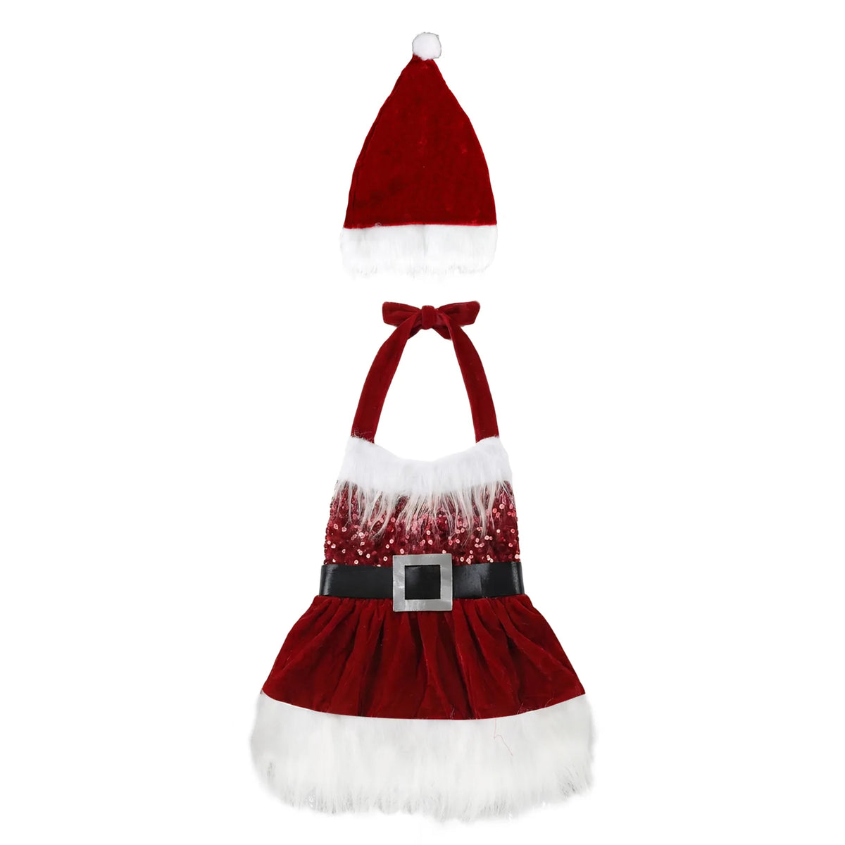 red girls Christmas Santa dress and matching Santa hat shown together on a plain white background