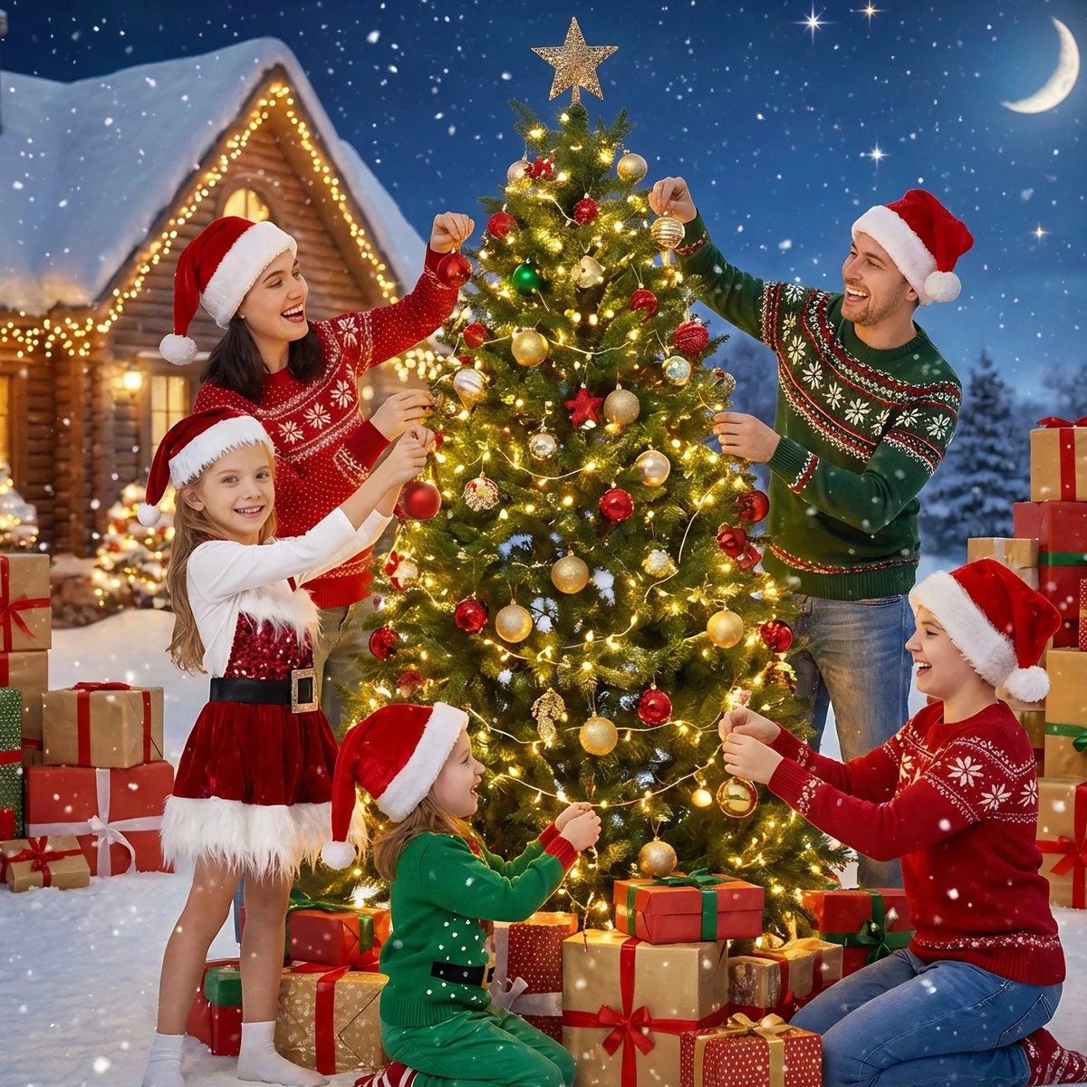 Family Christmas scene with a child wearing the red Santa dress near a lit Christmas tree