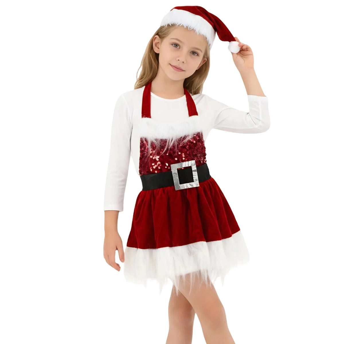 Girl wearing the red Christmas Santa dress and hat, front view showing halter neck and buckle belt