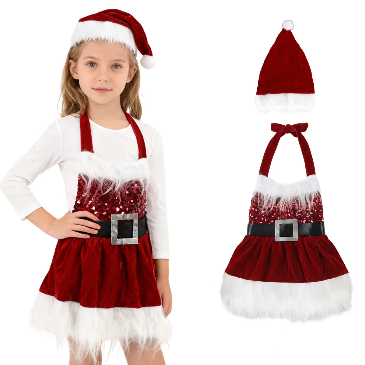 red velvet girls Christmas Santa dress with sequin bodice, black buckle belt, white faux fur hem and matching Santa hat