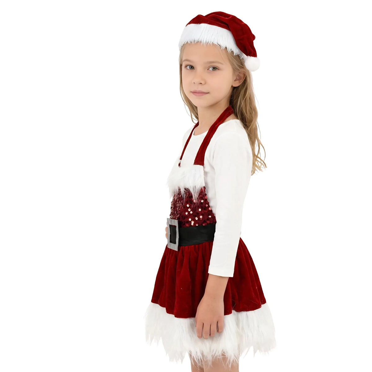 Side view of a girl wearing the red Christmas Santa dress with matching hat over a white top