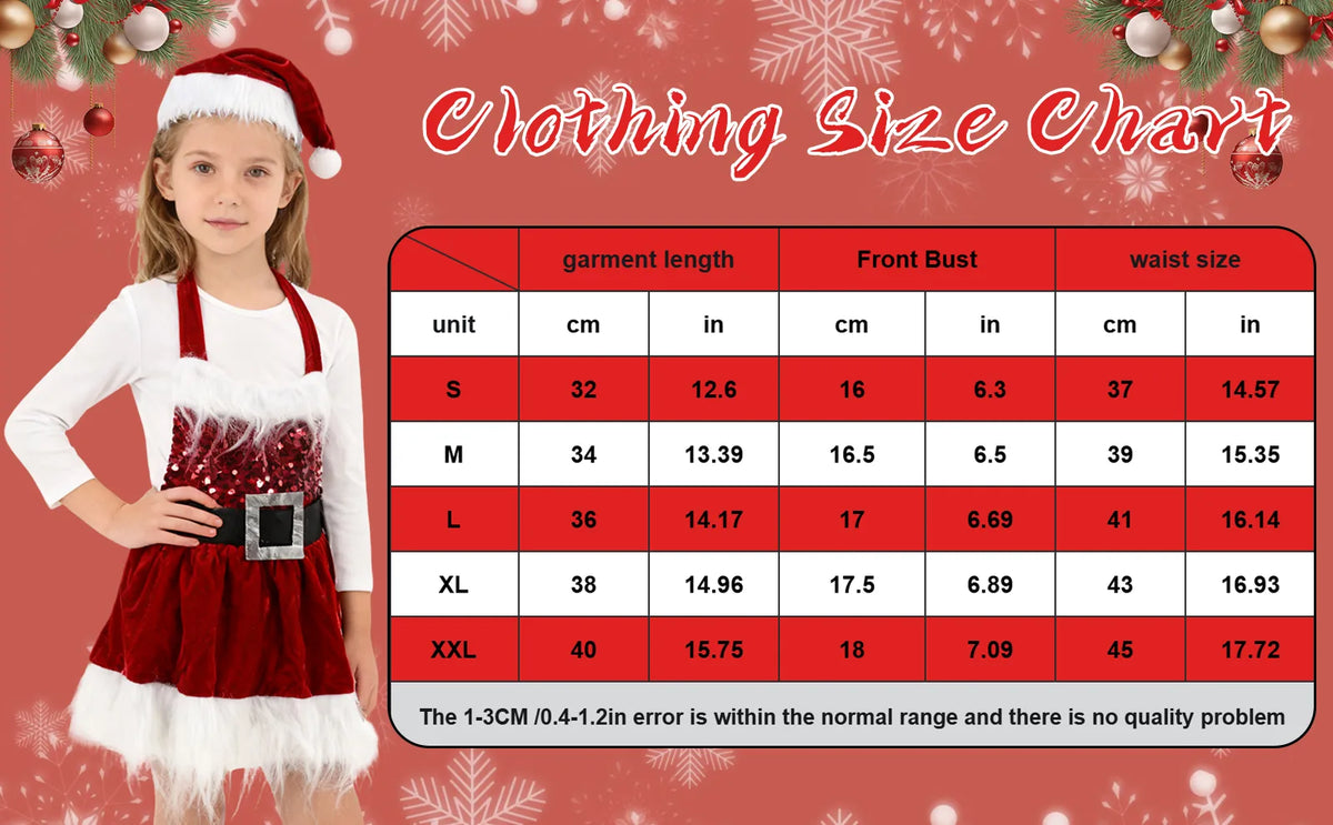 Clothing size chart for the red girls Christmas dress listing garment length, front bust and waist in sizes S to XXL