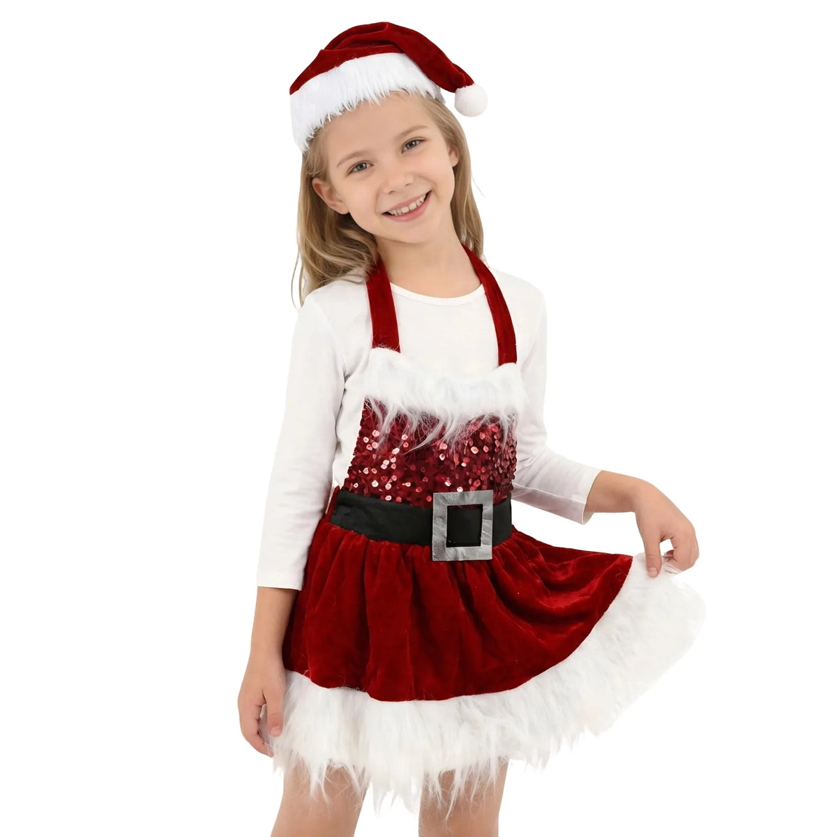 Girl posing in the red Christmas Santa dress, showing the full skirt with white faux fur trim