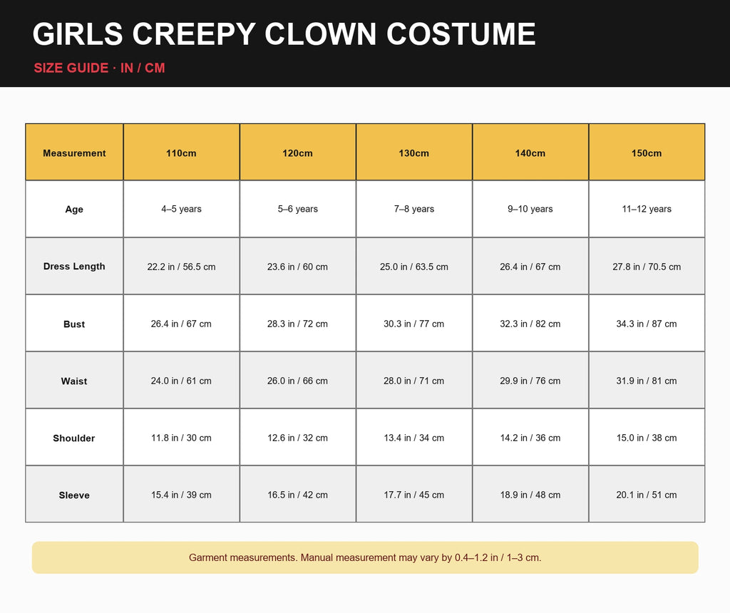 Compact girls creepy clown costume size guide in inches and centimeters for sizes 110cm to 150cm