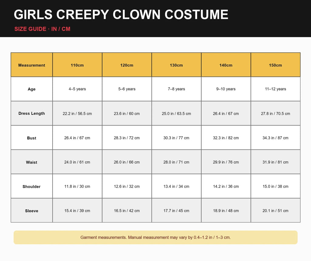 Compact girls creepy clown costume size guide in inches and centimeters for sizes 110cm to 150cm