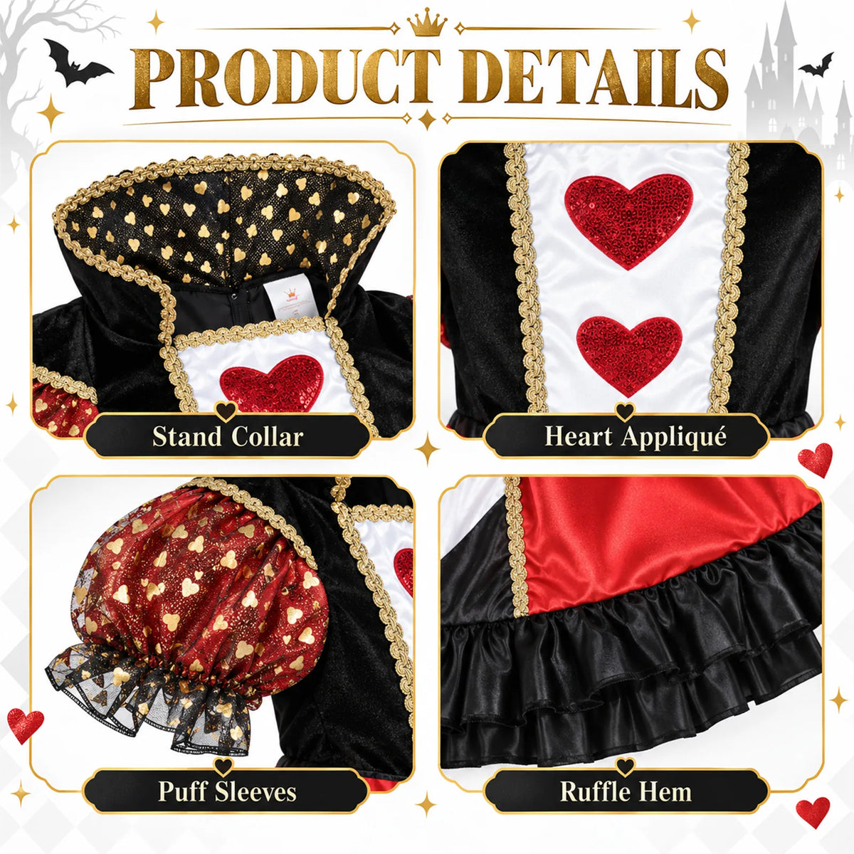 Close views of the Queen of Hearts costume collar, puff sleeves and ruffle details