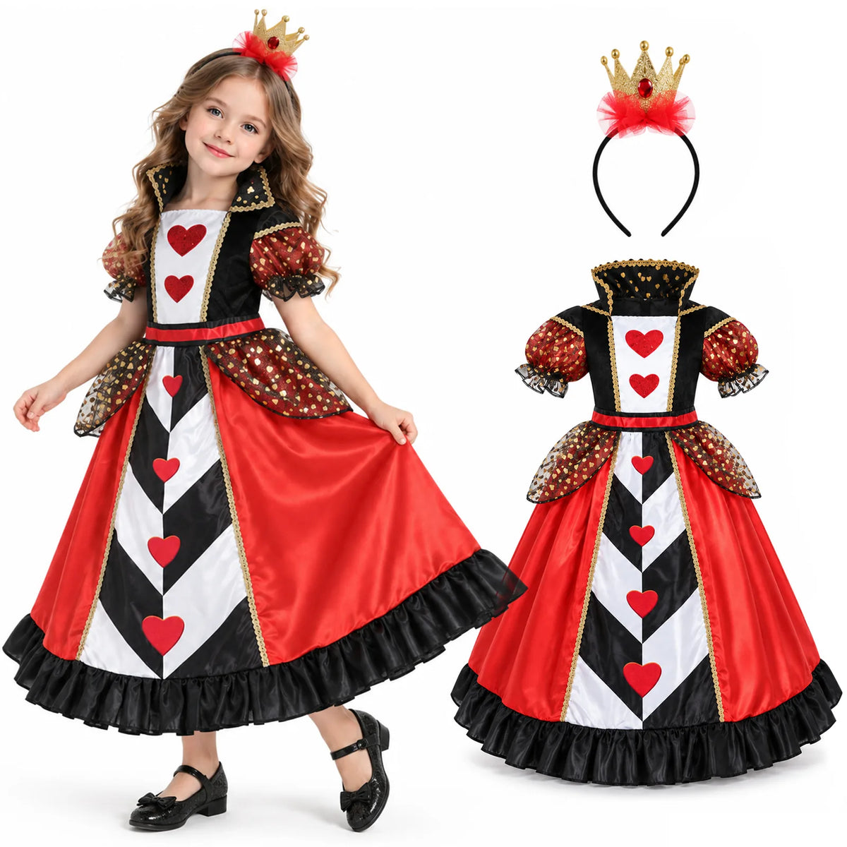 Girls' red, black and white Queen of Hearts costume dress with matching crown headband