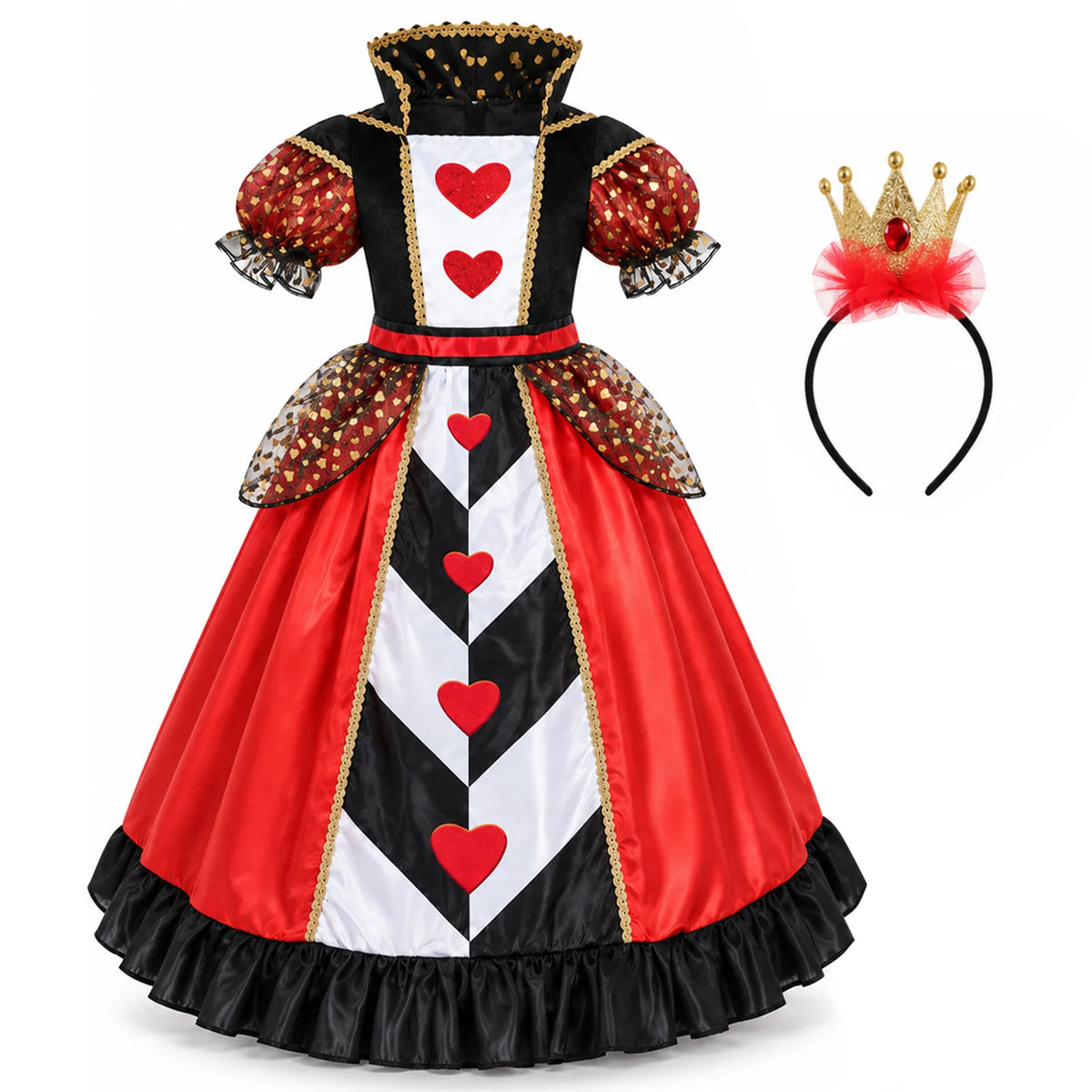 Queen of Hearts costume dress and crown headband arranged together on a white background