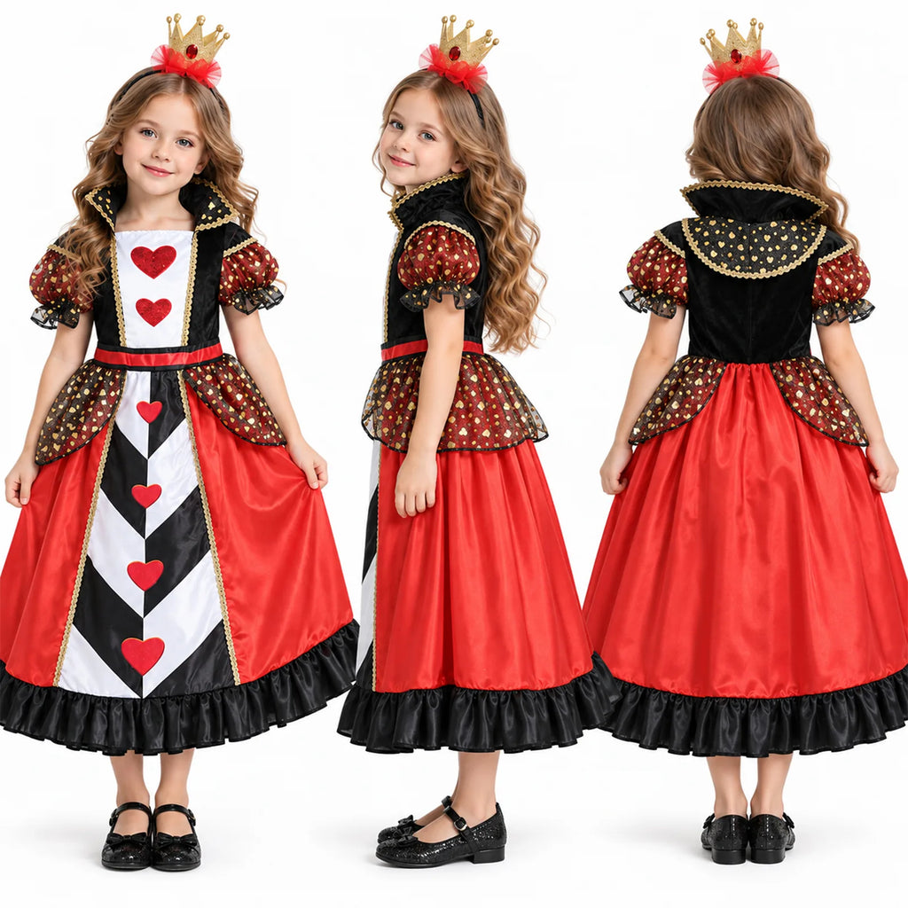 Front, side and back views of the red Queen of Hearts costume dress