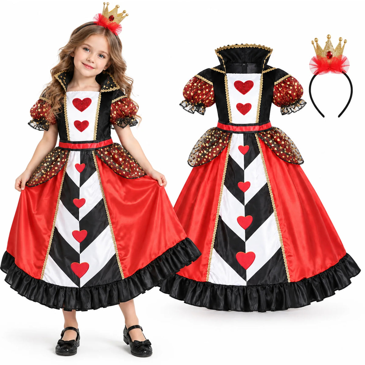 Front view of the Queen of Hearts costume with red satin skirt and heart motifs
