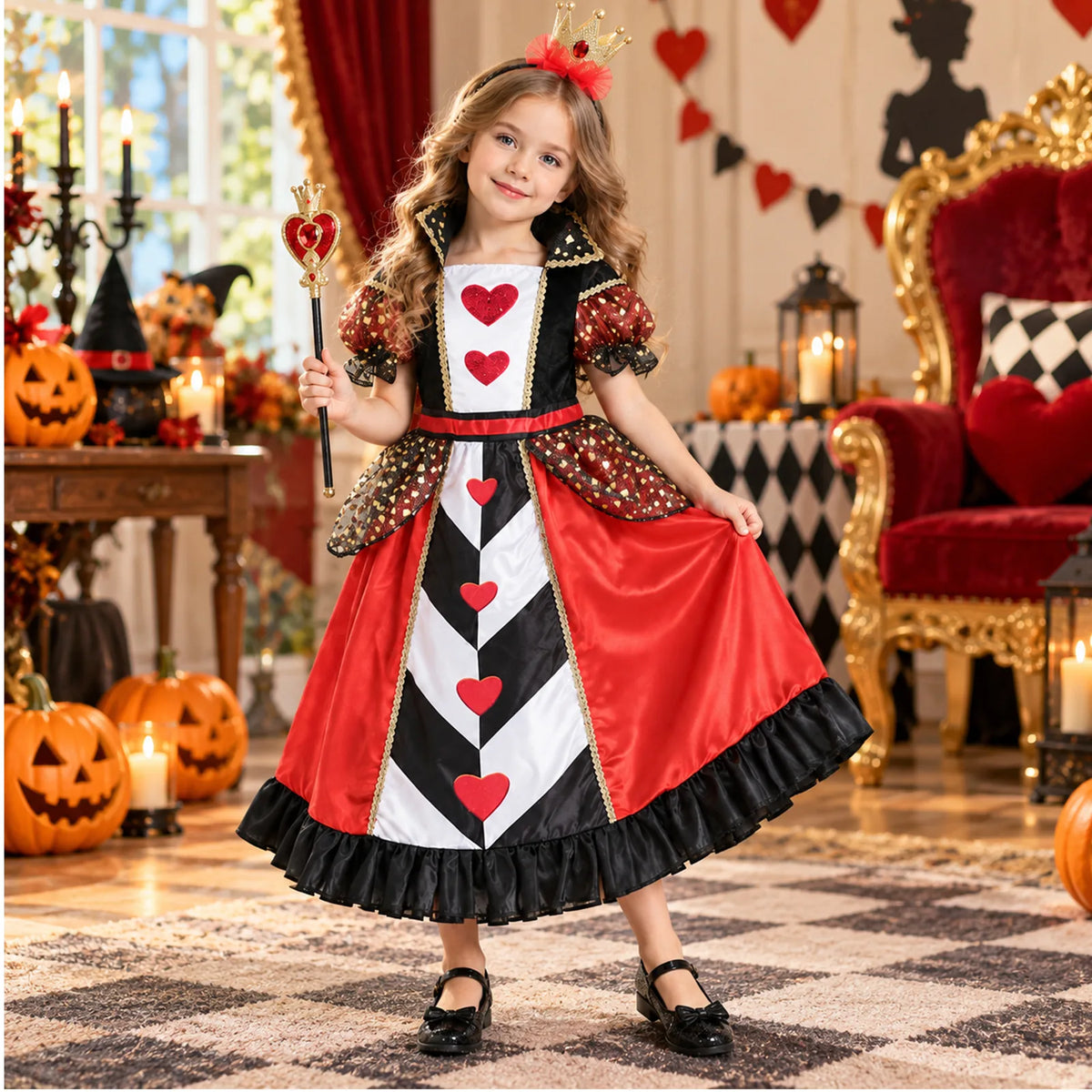 Queen of Hearts Halloween costume shown in a decorated seasonal party scene
