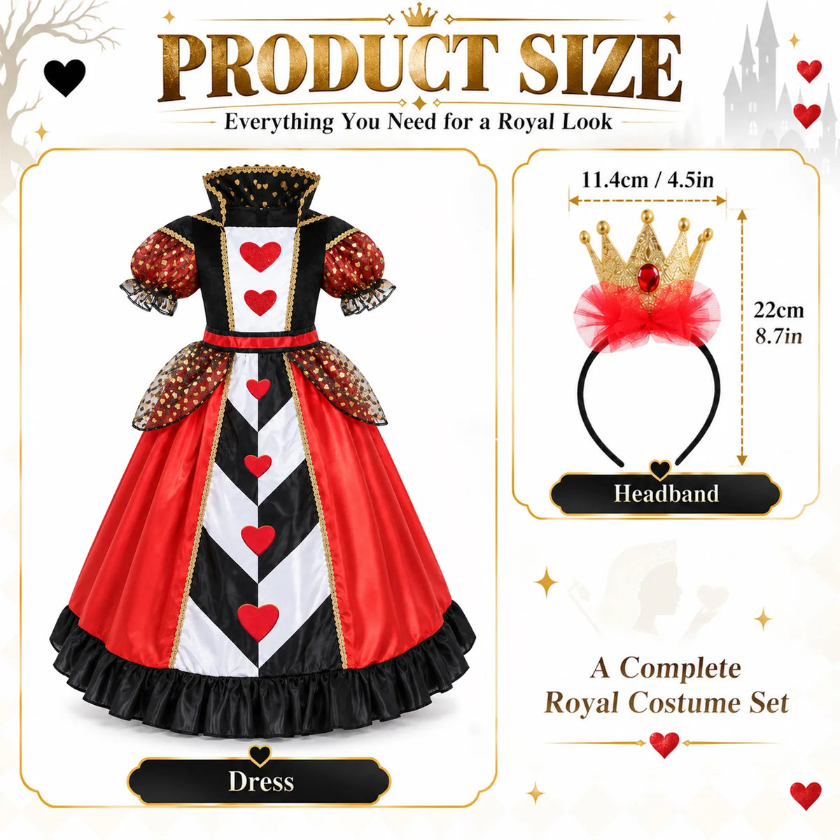 Crown headband measurements shown beside the Queen of Hearts costume accessory