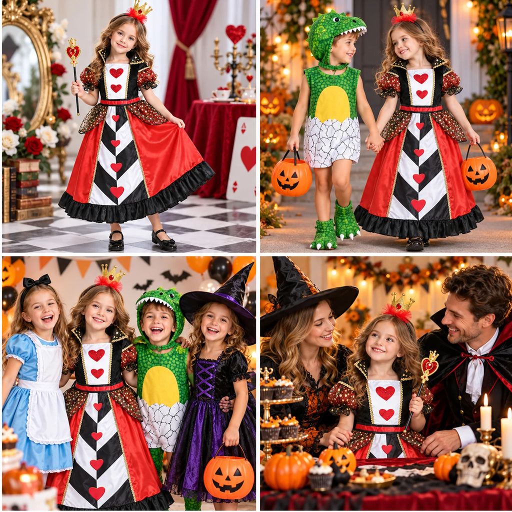 Queen of Hearts costume shown across several dress-up and party occasions