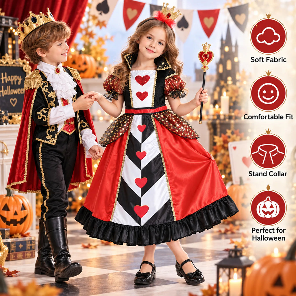 Two children wear matching red and black Queen of Hearts costume dresses