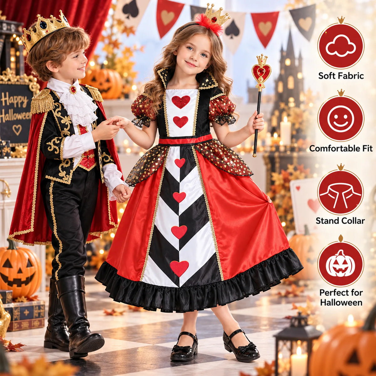 Two children wear matching red and black Queen of Hearts costume dresses