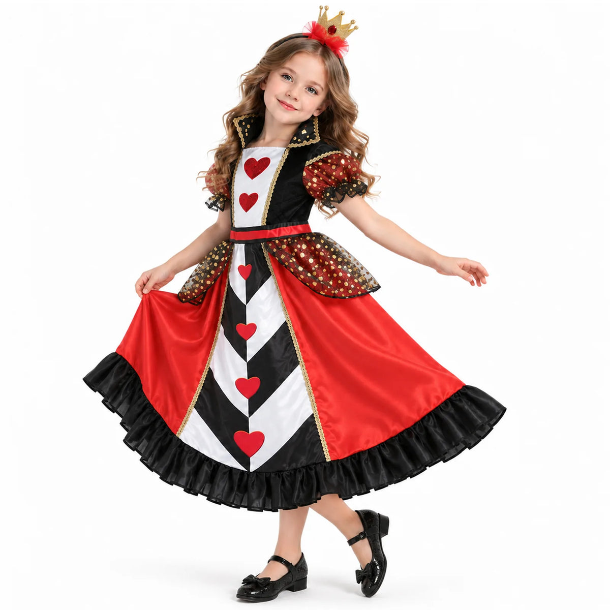 Queen of Hearts costume dress shown while turning to display the full skirt