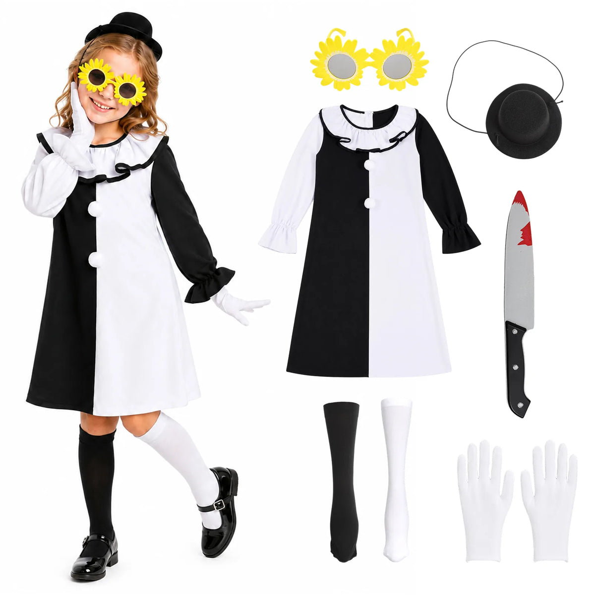 Art the Clown-inspired girls horror clown costume shown with the dress, mini hat, sunflower glasses, prop knife, white gloves and mismatched socks.