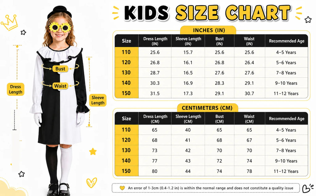Size chart for girls horror clown costume 110–150.