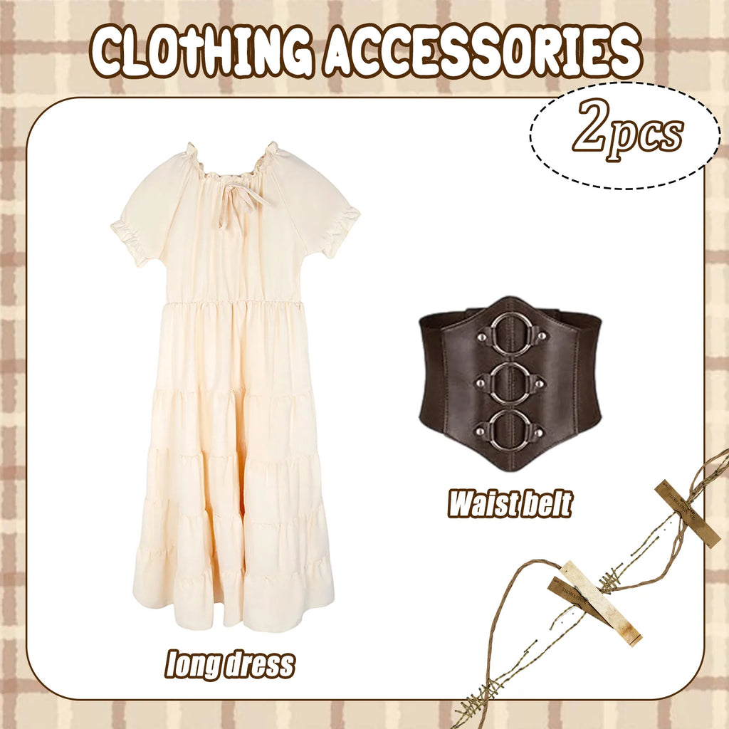 Clothing accessories graphic showing the two included pieces, the long dress and the waist belt.