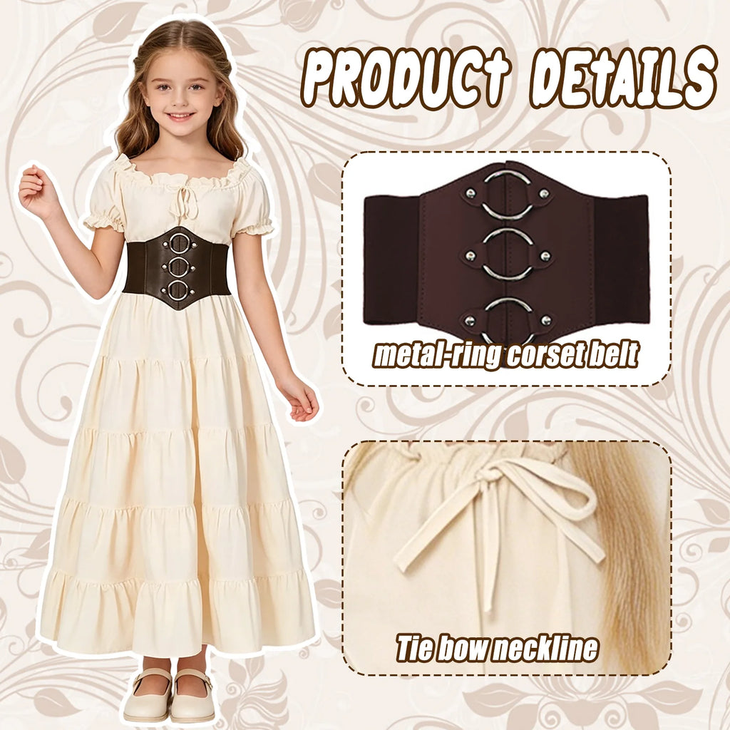Close-up product details of the metal-ring corset belt and the tie-bow neckline on the dress.