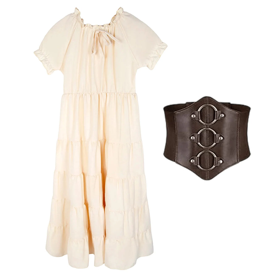 The two pieces of the girls medieval costume set, long dress and corset belt, laid out separately.