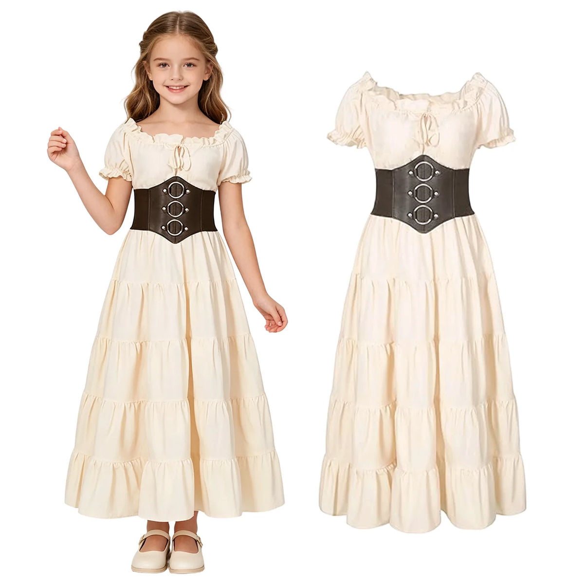 Girl wearing the cream medieval costume dress and corset belt, shown in an alternate standing pose.