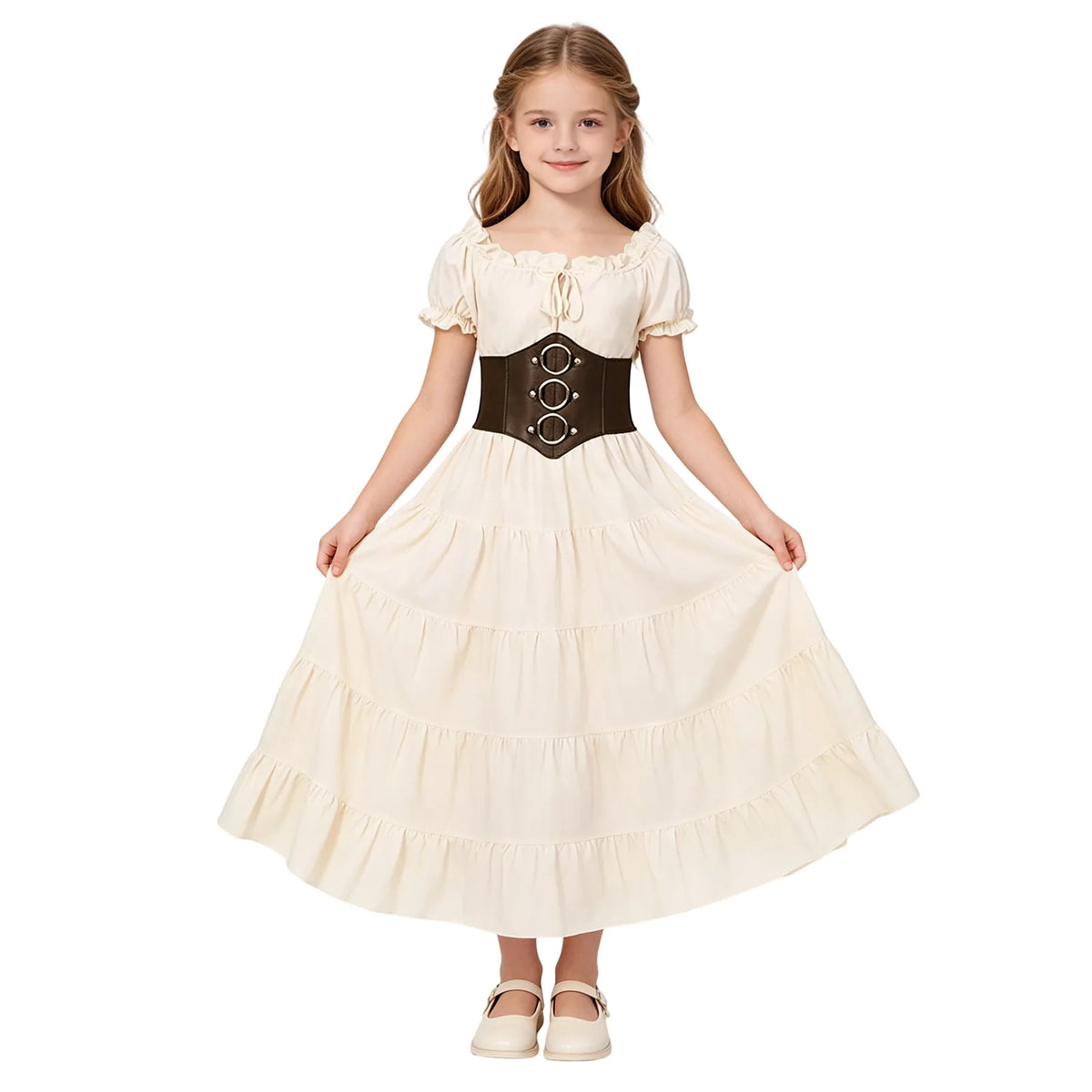 Girl twirling in the cream medieval costume dress, showing the full tiered skirt and belt.
