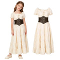 Girl wearing a cream medieval costume dress with a wide brown corset-style belt, full front view.