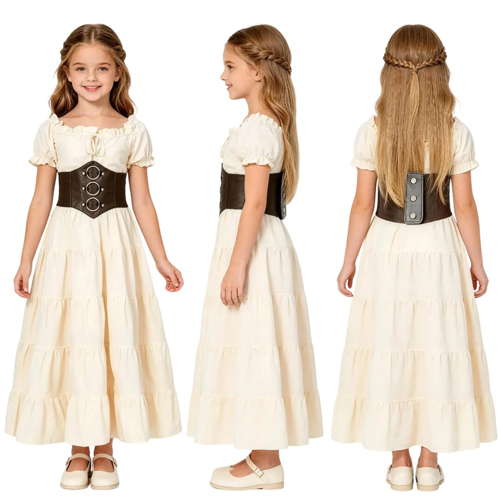 Girls medieval costume dress shown from the front, side and back to display the full silhouette.