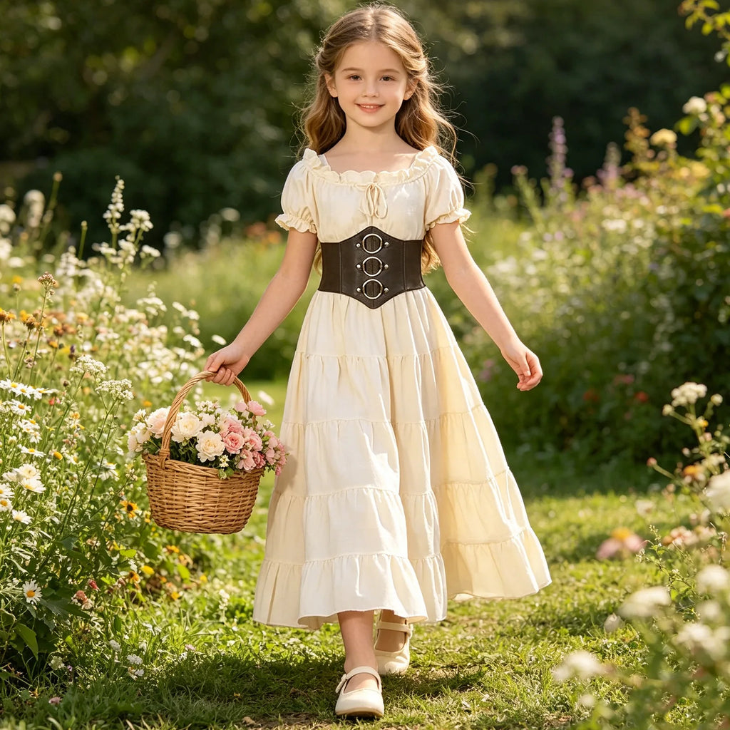 Girl wearing the medieval costume dress while walking in a garden, carrying a basket of flowers.