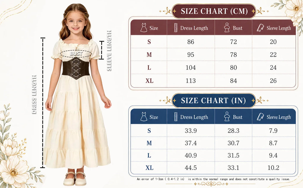 Size chart for the girls medieval costume dress listing dress length, bust and sleeve length for S, M, L and XL.