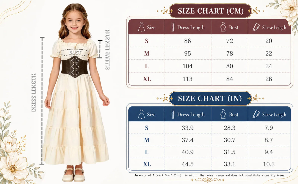 Size chart for the girls medieval costume dress listing dress length, bust and sleeve length for S, M, L and XL.