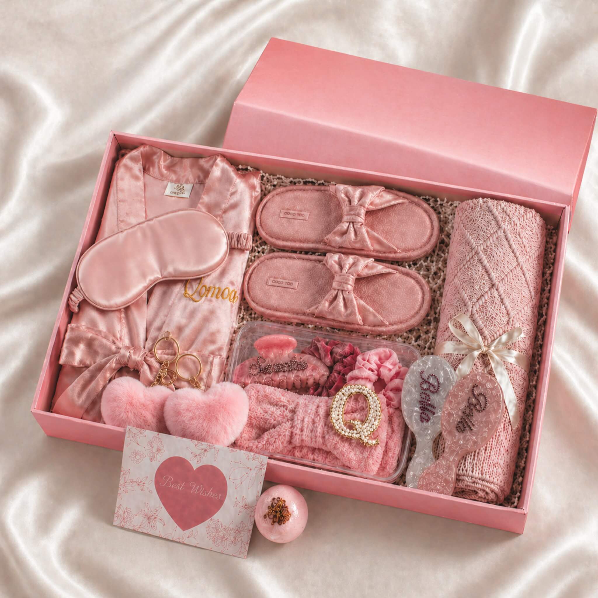 pink girls sleepover gift box with robe slippers eye mask towel and party accessories