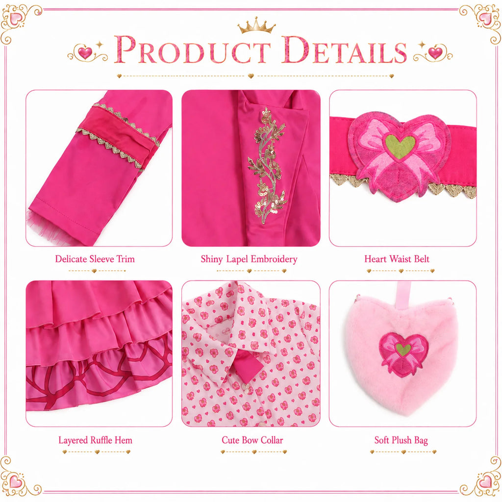 Close-up details of the pink princess costume's sleeve trim, lapel embroidery, bow collar and layered ruffles.