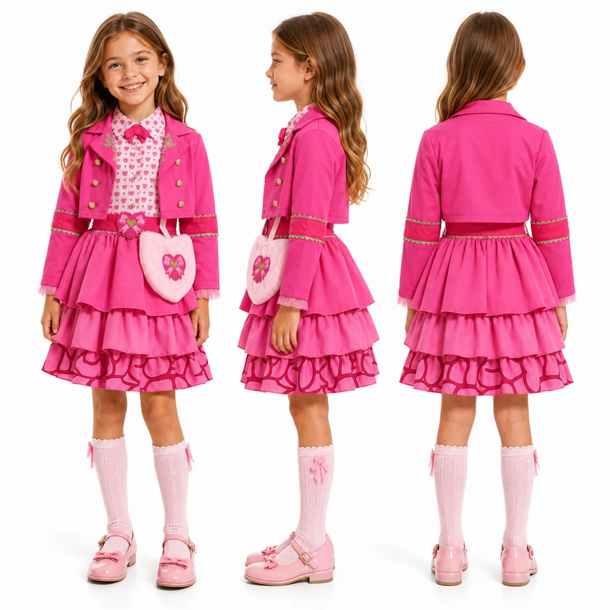 Girls pink princess costume shown from the front, side and back with the cropped coat and layered skirt.