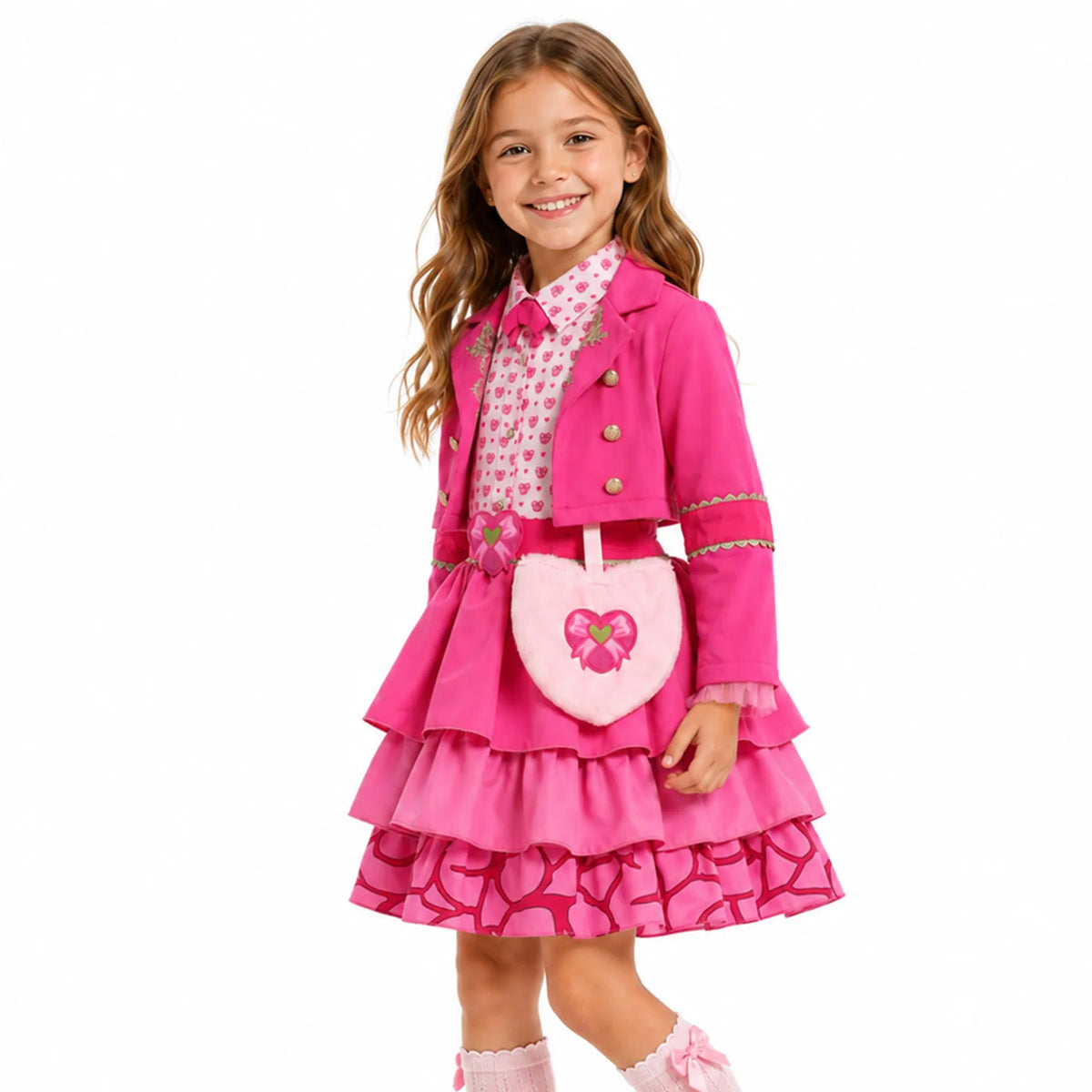Girl wearing the complete pink princess costume with cropped jacket, layered skirt and heart bag.
