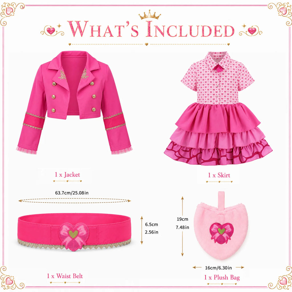 Girls pink princess costume pieces arranged with the cropped jacket, dress, belt and pink plush bag with heart decoration.