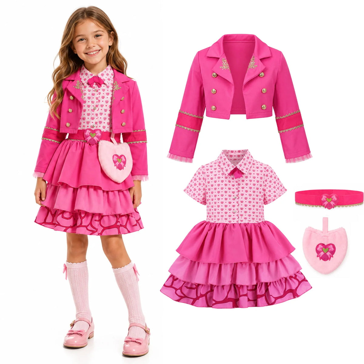 Girls pink princess costume shown on a child beside the jacket, dress, belt and pink plush bag with heart decoration.